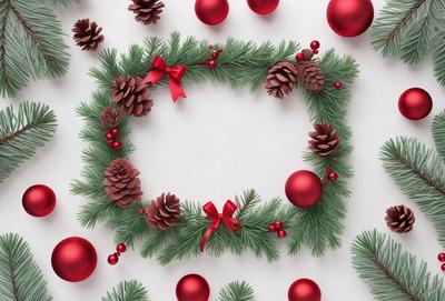 The primary subject of the image is a decorative wreath made of pine cones and red balls. The wreath is adorned with red ribbons, adding a festive touch to the scene. The setting is a white background, which provides a clean and simple backdrop for the wreath. The visual style of the image is a combination of photo and digital art, creating a realistic yet artistic representation of the wreath. The colors and mood of the image are predominantly red,
